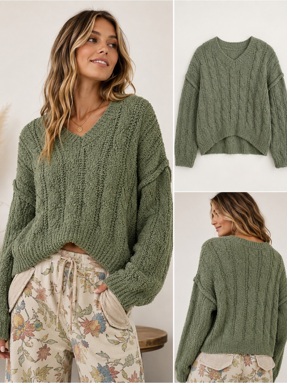 POL Olive Textured V-Neck Oversized Knit Sweater